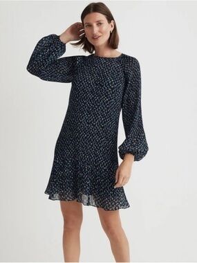 Women's  Madewell Navy Floral Long-Sleeve Ruffle Hem Dress